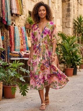 Woodys Floral Pink Tie-Front Midi Dress